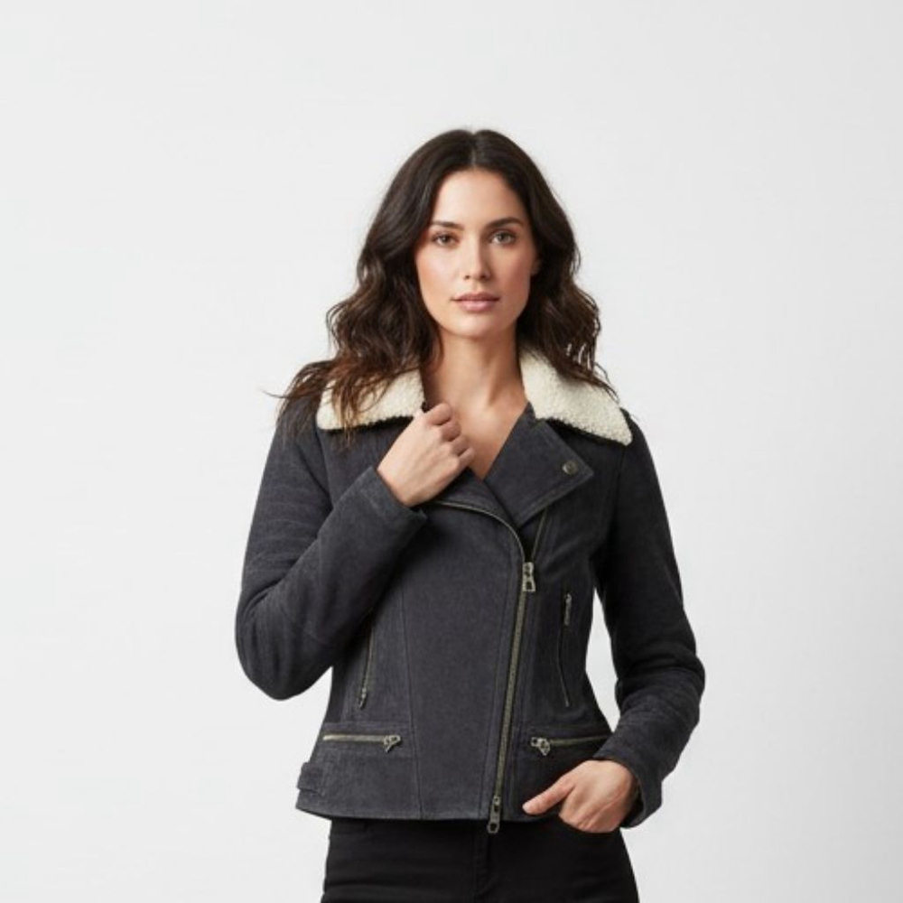 Lucky Brand Leather Navy Cream Faux Fur Collar Suede Moto Jacket - Small